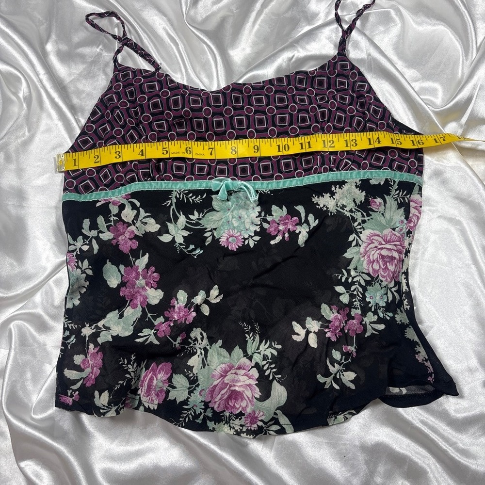 y2k GreenHouse silk Cami Top Black Floral Mixed Print Velvet Trim Bow 36 - Picture 5 of 7